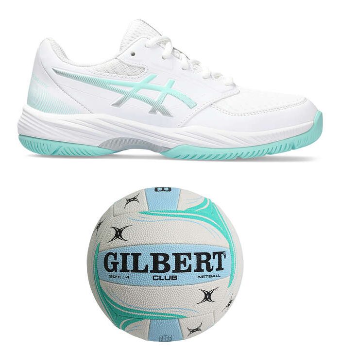 Asics Kids GEL Netburner Ballistic Netball Shoes and Gilbert Club Netball Set